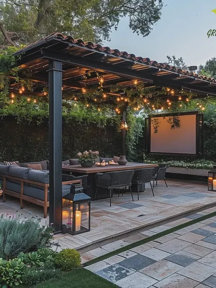 An outdoor entertainment area designed for year-round enjoyment. This sturdy pergola with a tiled roof includes string lights and even a projector screen, perfect for movie nights under the stars.