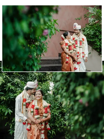 A collage of romantic couple portraits in a garden, with the groom kissing his bride's forehead.