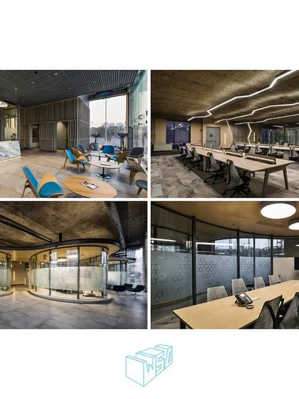 A collage showing various interior spaces within the Sleepwell office. The design includes a mix of formal boardrooms, open-plan workstations with unique lighting, and informal lounge areas, all unified by a raw, industrial-chic aesthetic.