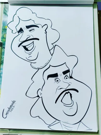 Here are two caricatures of a famous actor, showing different expressions. This is a great study in how to capture both a happy and a dramatic look for the same person.