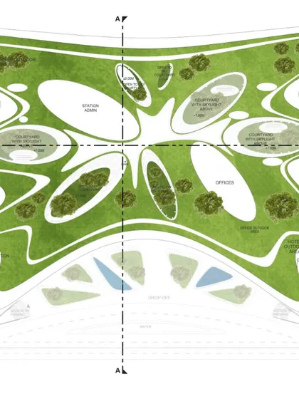 A detailed plan of the roof garden, showing the arrangement of different plant zones and recreational areas.