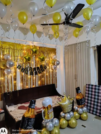 A full view of the themed birthday room decoration, perfect for a fun-loving adult.