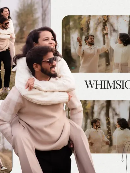 A whimsical collage featuring piggyback rides and laughter amidst falling leaves. These photos of Rahul and Priyanka perfectly capture the fun and carefree spirit of their relationship.