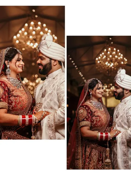 A collage of the couple's wedding portraits, capturing their loving gazes and the grand chandelier of the venue.