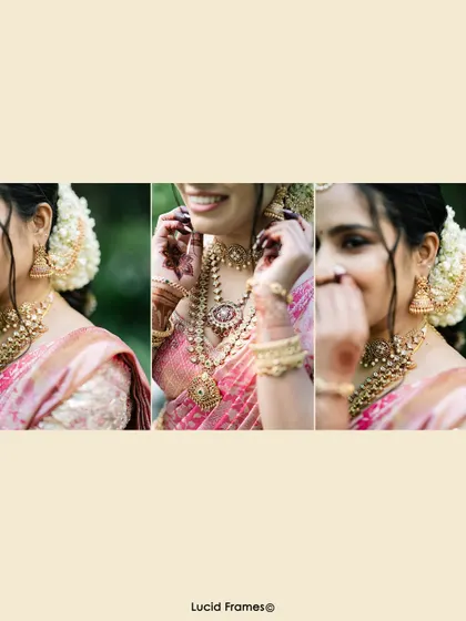 A triptych of the bride's expressions and details, from her smile to her jewelry and henna.
