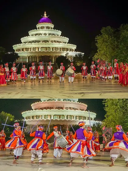 The vibrant culture of India comes alive at our events. This image shows a traditional folk dance performance during the Rajasthan Mahotsav, a festival of colors, music, and devotion held in the presence of Gurudev.