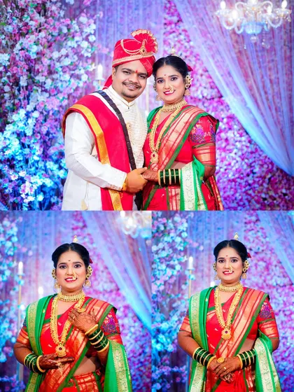 A collage showing the couple and the bride individually against a stunning floral stage decoration. The vibrant colors of their outfits and the background create a visually rich memory of their wedding reception.