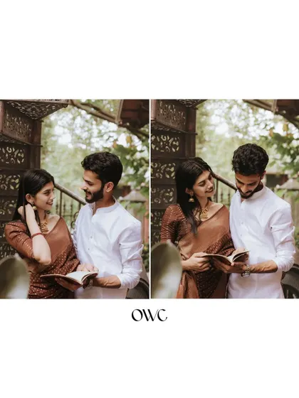 A collage of a couple sharing a quiet moment with a book, set against a traditional Kerala architectural backdrop for their pre-wedding shoot.