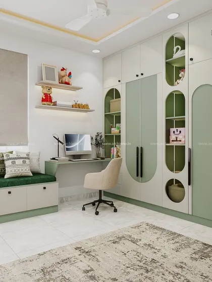 A playful and practical wardrobe for a child's room, featuring green and white cabinets with unique arched display niches.