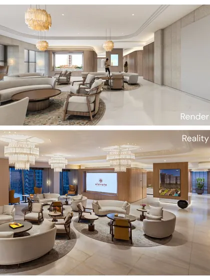 A render-to-reality comparison of the CILP Sales Lounge. The final space perfectly captures the intended atmosphere of refined comfort, with layered lighting and circular seating arrangements.