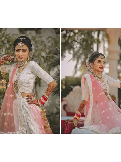 A diptych of bridal poses, showing off the beautiful white and pink lehenga and the traditional kalire. I work with brides to capture a variety of stylish and classic shots.