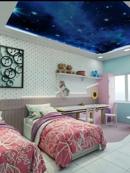 Designed for sharing, this kids' room includes twin beds and a long study desk for two. The stunning galaxy-themed ceiling creates a magical atmosphere, making bedtime an adventure.