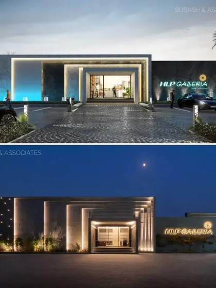 A side-by-side comparison of the 3D architectural rendering and the final photograph of HLP Galleria. This demonstrates our commitment to executing a design vision with precision, from digital concept to physical reality.