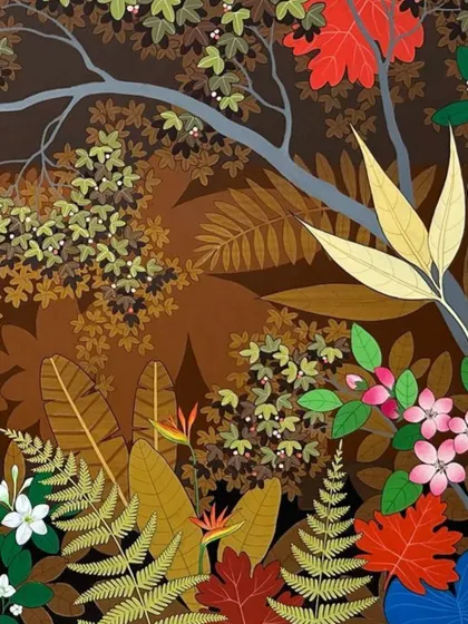 A close-up of a vibrant painting by Ganapati Hegde, whose dreamlike world layered with meaning and magic was a highlight of our travelling exhibition.