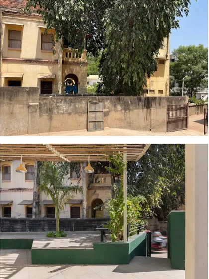 A before-and-after perspective of the Basera Plaza's connection to the street. We removed the imposing wall to create an open, inviting entrance that integrates the plaza with the surrounding neighborhood.
