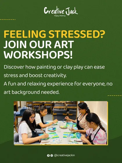 A promotional graphic inviting you to join my art workshops if you're feeling stressed, promising a fun and relaxing experience with no background needed.