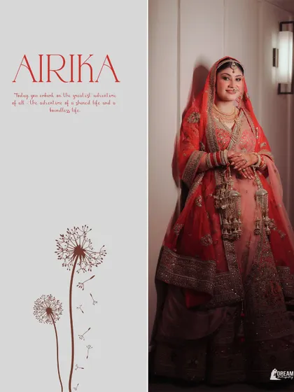 A classic bridal portrait of Airika in her red and pink lehenga, looking serene and beautiful on her wedding day.