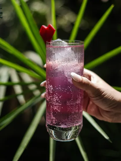 Our sparkling purple cocktail is a feast for the eyes, garnished with a delicate red flower.
