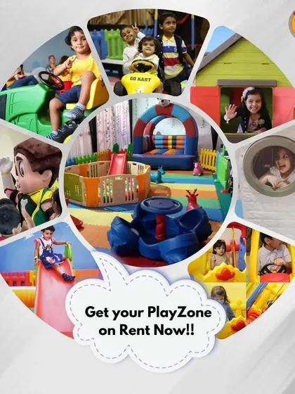 Get your playzone on rent now. This collage is a whirlwind of fun, featuring kids on slides, in go-karts, and even a Chhota Bheem mascot visit, all centered around one of my colorful indoor setups.