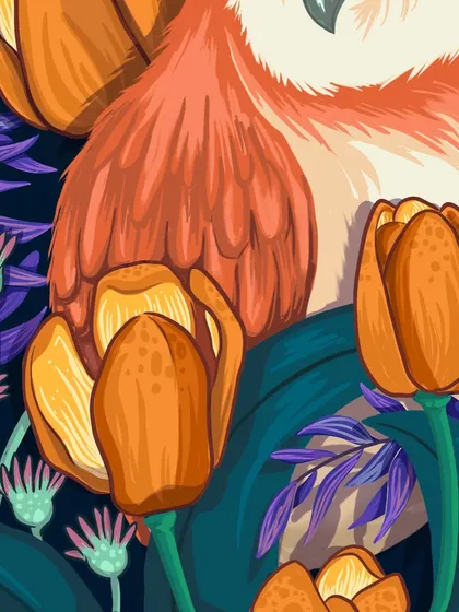 Another detail shot showing the texture and layering of the orange tulips and purple leaves. These small details are what bring the entire piece to life for me.