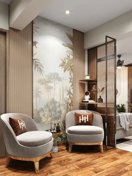 This seating nook is a perfect example of biophilic design, with a nature-themed mural and wood-paneled walls creating a serene corner for conversation.