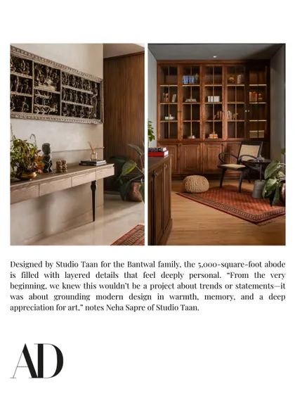 This diptych from Architectural Digest highlights the layered, personal details of The Collector's Retreat, from the entryway art to the custom library.