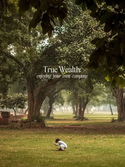 A photo of a child playing alone in a park, with the text "True Wealth: enjoying your own company." This image tells a story about solitude and self-contentment.