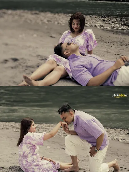 A two-photo collage capturing tender moments on the beach, including the groom resting in his bride's lap and kissing her hand.