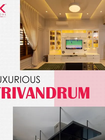 Luxurious Trivandrum. This collage shows a classic white TV unit and a modern kitchen island, representing the diverse and experimental design concepts popular in the capital city.
