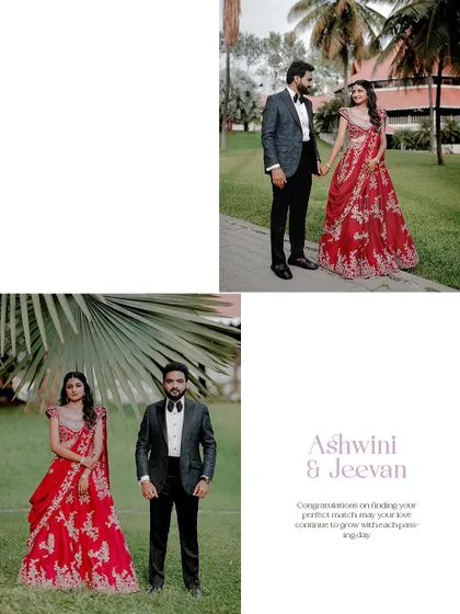 A lovely collage celebrating the union of Ashwini and Jeevan. Her bridal beauty is a key part of their wedding story.