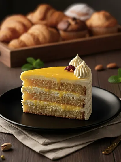 A perfect slice of our pineapple pastry. This dessert features fluffy sponge cake layered with creamy frosting and a sweet pineapple glaze, making it an ideal cafe treat.