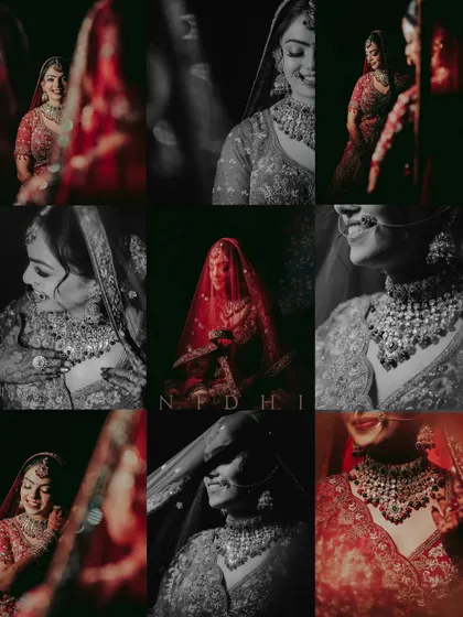 A grid collage of nine bridal moments, mixing dramatic red and black and white shots. This collection captures a range of emotions and details, from her smile to her intricate jewelry.