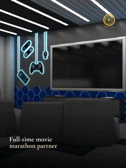 This entertainment room is designed to be the ultimate movie marathon partner, featuring comfortable seating and futuristic neon lighting for an immersive experience.