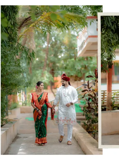 A candid shot of the couple walking together, showcasing their beautiful wedding outfits and the natural, relaxed environment of their celebration.
