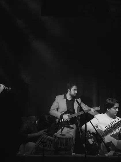 The violin, guitar, and sitar in perfect harmony. This shot captures the fusion element of my band, where different musical traditions come together to create something new and exciting.