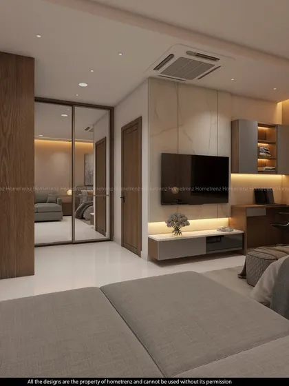A full view of the guest bedroom, highlighting the balance between the sleeping area and the workspace.