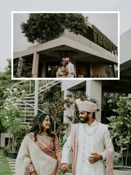 A creative composition showing the couple walking hand-in-hand, with an inset shot of their beautiful wedding venue. It connects their love story to the place where it was celebrated.