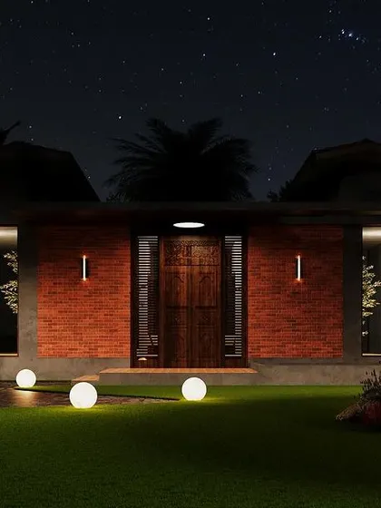 A 3D render exploring a lighting concept for a farmhouse entrance. I used a combination of wall sconces and glowing spheres on the lawn to create a dramatic and magical atmosphere at night.
