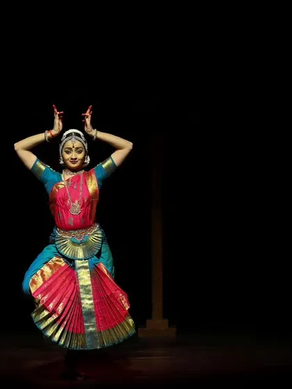 A symmetrical pose from the Kanasu event, demonstrating the geometric beauty inherent in Bharatanatyam choreography.