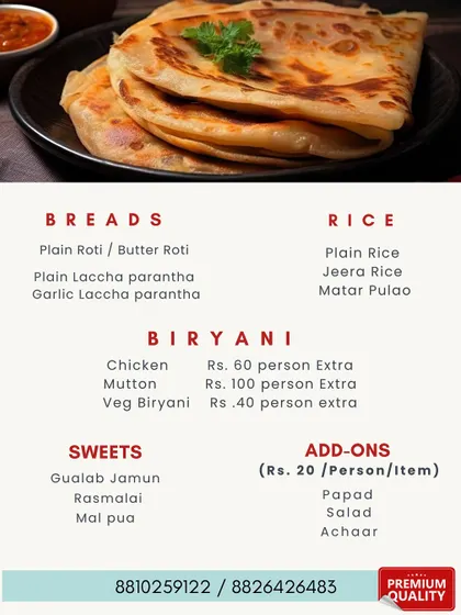 Our menu for breads, rice, biryani, and sweets. We offer all the accompaniments you need to complete your meal.