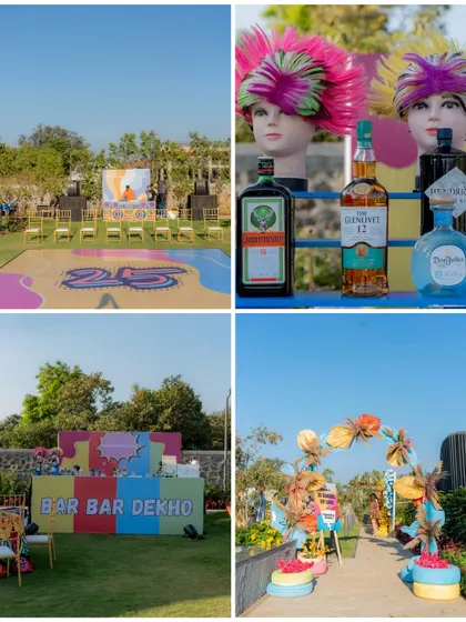 A collage from a vibrant anniversary party, showcasing the 'Bar Bar Dekho' counter and other colorful, quirky decor elements that set a fun and festive tone.