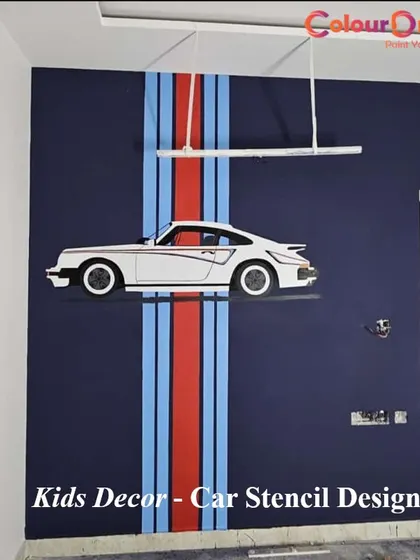 A custom car stencil design for a kid's room, featuring a classic sports car against bold racing stripes. This is a great way to incorporate a child's passion into their room decor in a stylish way.