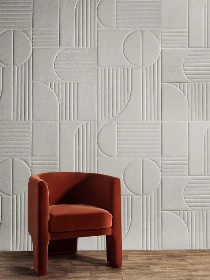The 'Soft Surrounds' 3D wallcovering redefines modern elegance. The large-scale geometric pattern, offered in refined neutral tones, is both visually striking and functional, with sound-absorbing and stain-repellent properties.