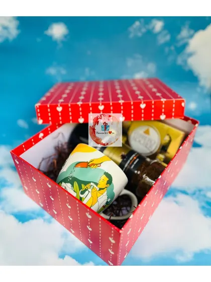 Another angle of our coffee-themed gift box, showing the items neatly arranged inside.