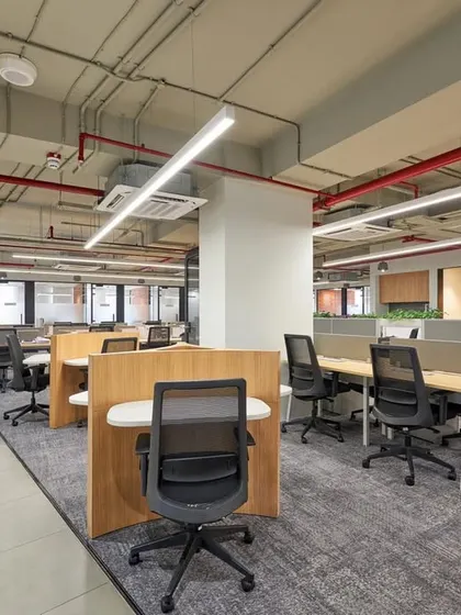 An open office environment with a mix of workstation configurations. The design uses low wooden partitions to create a sense of personal space without sacrificing the open feel.