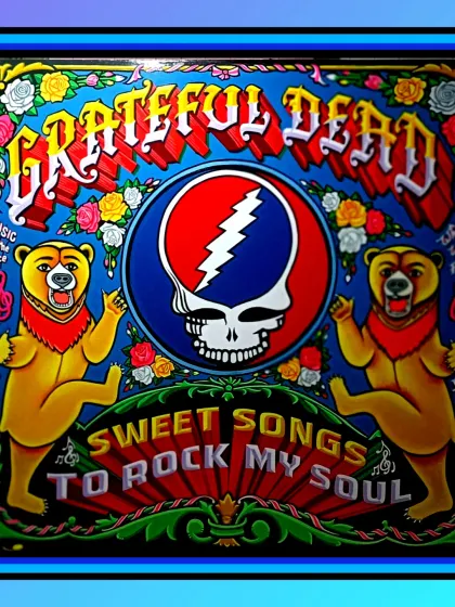 The Grateful Dead painting with a blue border, showing how framing can enhance the artwork's psychedelic colors.
