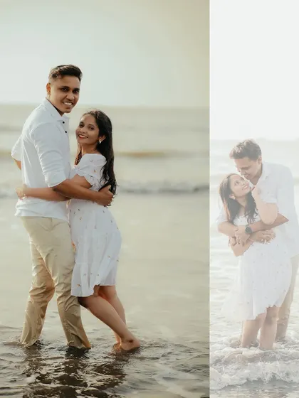 Splashing in the waves and laughing together. This pre-wedding photo collage captures the fun and playful side of a couple's relationship during their beach photoshoot.