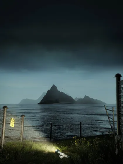 The introductory shot for the island. I created this scene to establish a sense of isolation and foreboding, with the dark, stormy sky and a single dropped flashlight suggesting a story has already gone wrong.