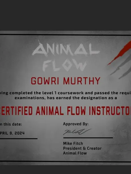 Becoming a certified instructor has been a goal of mine, and I'm so happy to have achieved it. I'm thankful for my coaches and the community who have supported me. I look forward to growing with the Animal Flow family.