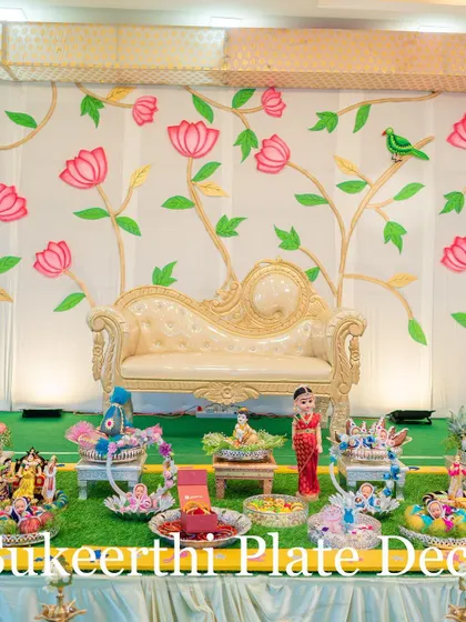 A clear view of the stage and my platter arrangement for a baby shower. The setup is designed to be a beautiful backdrop for photos and ceremonies.